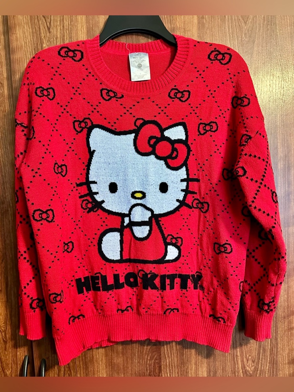 Sanrio Hello Kitty Red Sweater Black Bows Cotton Blend Womens L Crew Neck Y2K